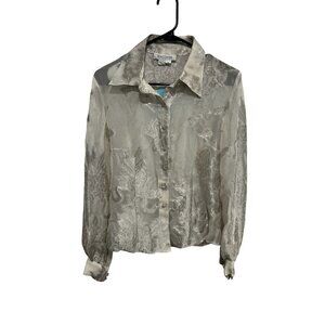 Kay Unger Blouse Sheer Silver Floral Silk Blend Size 10 Quiet Luxury Retro Glam